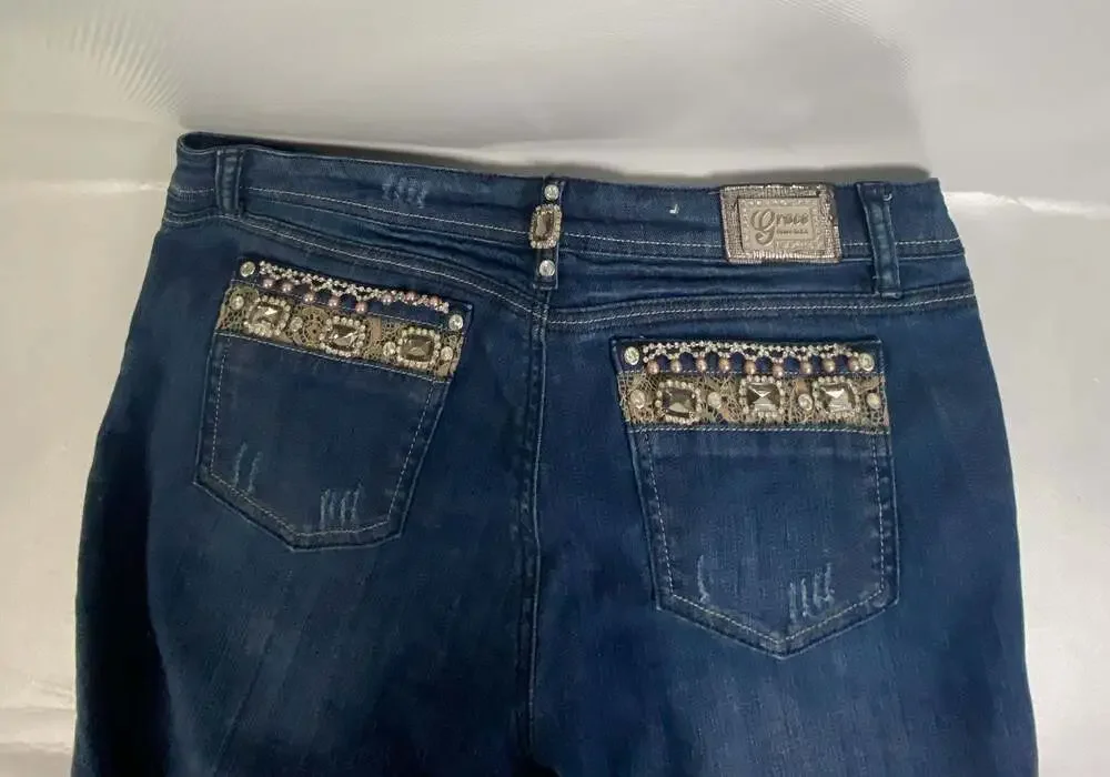 Grace in LA Women's Dark Blue Skinny Fit Embellished Sz 13/30 - Picture 8 of 9